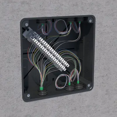 Ruimte voor het inbouwen van LSA+-strips voor de verdeling van telecommunicatie-installaties.