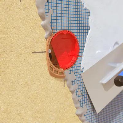 Vor dem Verputzen den Signaldeckel (Art.-Nr. 1181-60) einsetzen. Schützt das  Doseninnere, die Schraubdome und Schraubenköpfe.