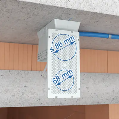 Élément frontal universel pour diamètre d’encastrement 68 mm à enfoncer ou universel jusqu’à ø 86 mm à fraiser (tourner de 180°).