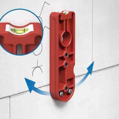 Align the drilling template horizontally or vertically using the integrated spirit level.