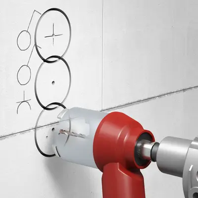 The centring holes created serve as a precise guide for the diamond core bit.