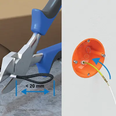En option : pour les micro-conduits < 12 mm, la boucle doit être coupée. Fixation sans boucle de rétraction.