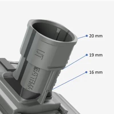 Combination nozzle suitable for 3 pipe inlet sizes, namely 16 mm, 19 mm and 20 mm.