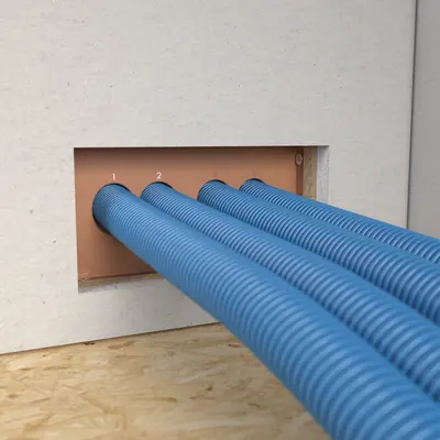Insert the conduits until they “click” into place. The conduit connection points are designed to hold the conduits in place and are numbered.