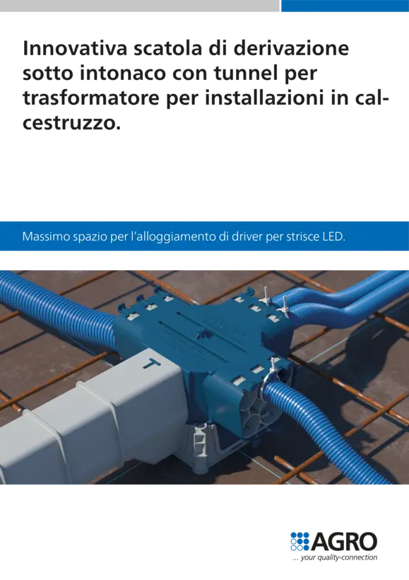 Innovativa scatola di derivazione sotto intonaco con tunnel per trasformatore per installazioni in calcestruzzo
