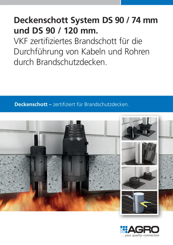 Sealed transits DS 90 / 74 mm and DS 90 / 120 mm for fire-protection ceilings.