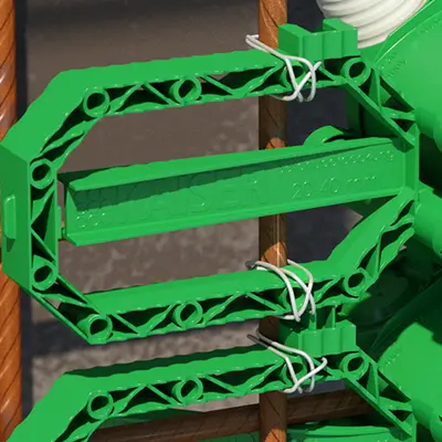 You have both hands free to fasten the attachment to the reinforcement quickly and securely with tie wires or cable ties.