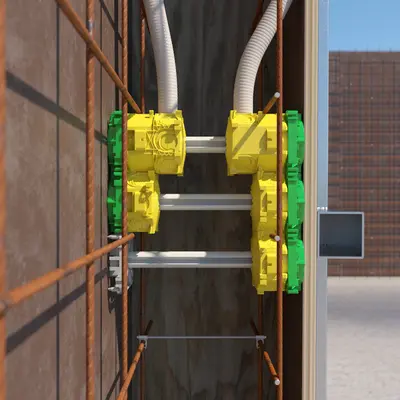 The prepared B¹ one-gang box protrudes approx. 5 to 10 mm beyond the planned wall thickness, so that the unit is braced between the working formwork and opposing formwork when the formwork is closed.