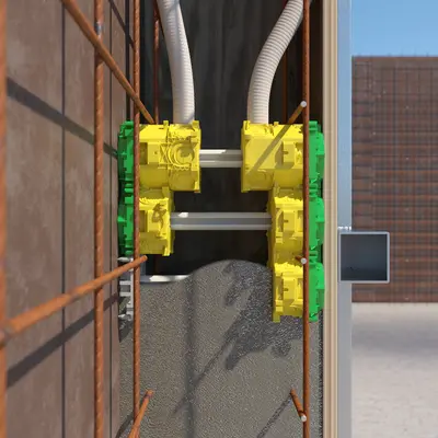 The integrated spring travel in the rear part of the B¹ one-gang box compensates for construction tolerances, such as the breathing of the formwork during the concreting process, and holds the B¹ one-gang box securely in position.