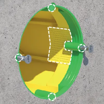Four closed screw domes as well as two expanding claw fields ensure the exactly aligned fixing of the installation accessories.