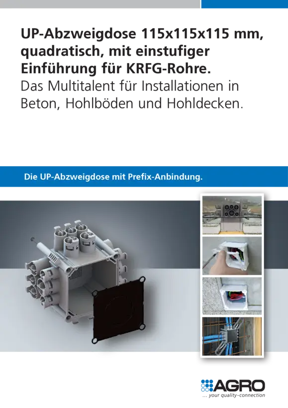 UP-Abzweigdose 115x115x115 mm, quadratisch, mit einstufiger Einführung für KRFG-Rohre.