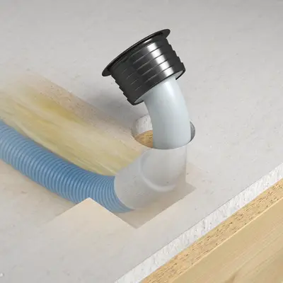 Après avoir emboîté l'élément de raccordement mural, la transition mur/plafond est ramenée à 90° dans l'élément mural à travers l'orifice d'encastrement...