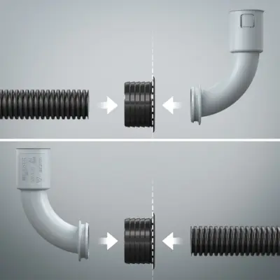 L'élément de raccordement mural peut être utilisé indifféremment des deux côtés pour les coudes à 90° et les conduits d'installation électrique.
