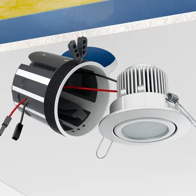 Faire passer par le bas les connecteurs à fiche au travers de l'ouverture prévue pour le boîtier encastré LED.