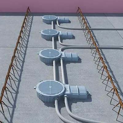 After fitting of the conduits, concreting on the planned ceiling thickness takes place with the on-site mixed concrete process.