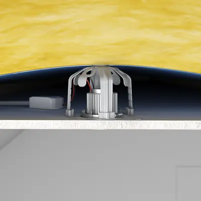 Housing stands securely on the ceiling boarding and creates the necessary spacing to the insulation.