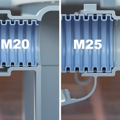 The combination conduit entry provides a secure connection for both jacketed and non-jacketed pipes and can be used individually for conduit sizes of 20 mm or 25 mm diameter. It offers a high degree of pull-out safety and, thanks to the integrated depth stop, makes subsequent internal shortening of the conduits superfluous.