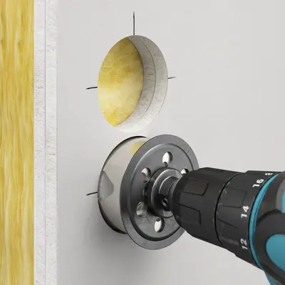Cut two installation openings using cutter PROFI Ø 74 mm (Art. No. 1081-20) with a centre distance of 71 mm.