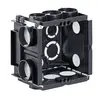 - luftdichte Ausführung mit Dichtungsmembranen
- Mittelabstand 60 mm horizontal sowie 71 mm horizontal und vertikal
- 2 x 3 feste Eingänge, 2 x 2 feste Eingänge, 4 Bodeneingänge