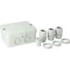 - Kabeldoos AK2 IP65 met gecombineerde breekpoorten voor M20 en M25 invoeren.
- 3 stevige nylon (PA) diafragma wartels en contramoeren M25 (klembereik: Ø 10 - 17 mm) en een snelbevestigingsschroef AKB16 M20 meegeleverd per kabeldoos.
- Snelle bevestiging op stalen montageplaten van kabelgoten mogelijk, met meegeleverde snelbevestigingsschroef AKB16-M20.
- De combipoorten M20/M25 bieden de mogelijkheid om zowel dunne als dikke kabels in de doos te combineren. De wartel M20 dient men in dat geval met bijpassende contramoer te bevestigen in de dooswand.
- Meer lasruimte voor toepassingen met stugge kabels, bijvoorbeeld voor overgangen van grondkabel naar standaard YmvK-kabel of voor kabels met dikkere aderdoorsneden.
- Deksel voorzien van vaste afdichting en afdichtdoppen.
- Deksel met kliksluiting.